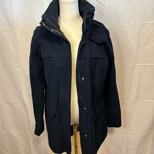 Pendleton Hooded Coat L Navy Blue Plaid Lined Zip Snap Jacket Heritage Preppy
